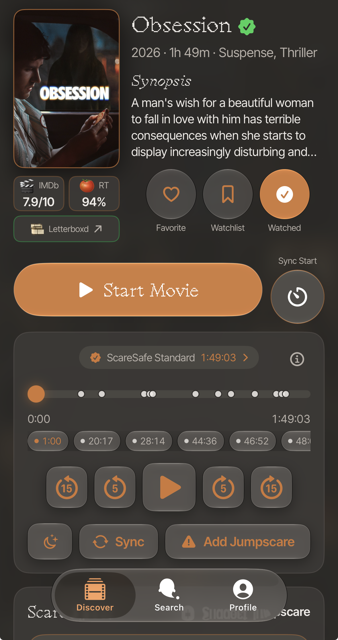ScareSafe movie detail and timeline screen